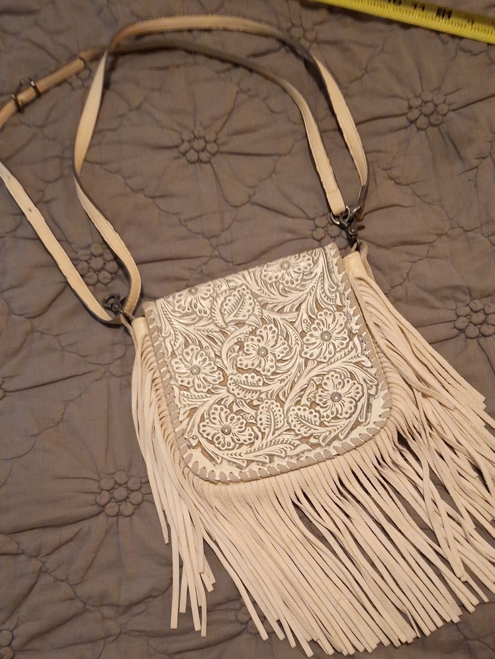 Cream Floral Tooled Leather Fringe Crossbody Bag - Women